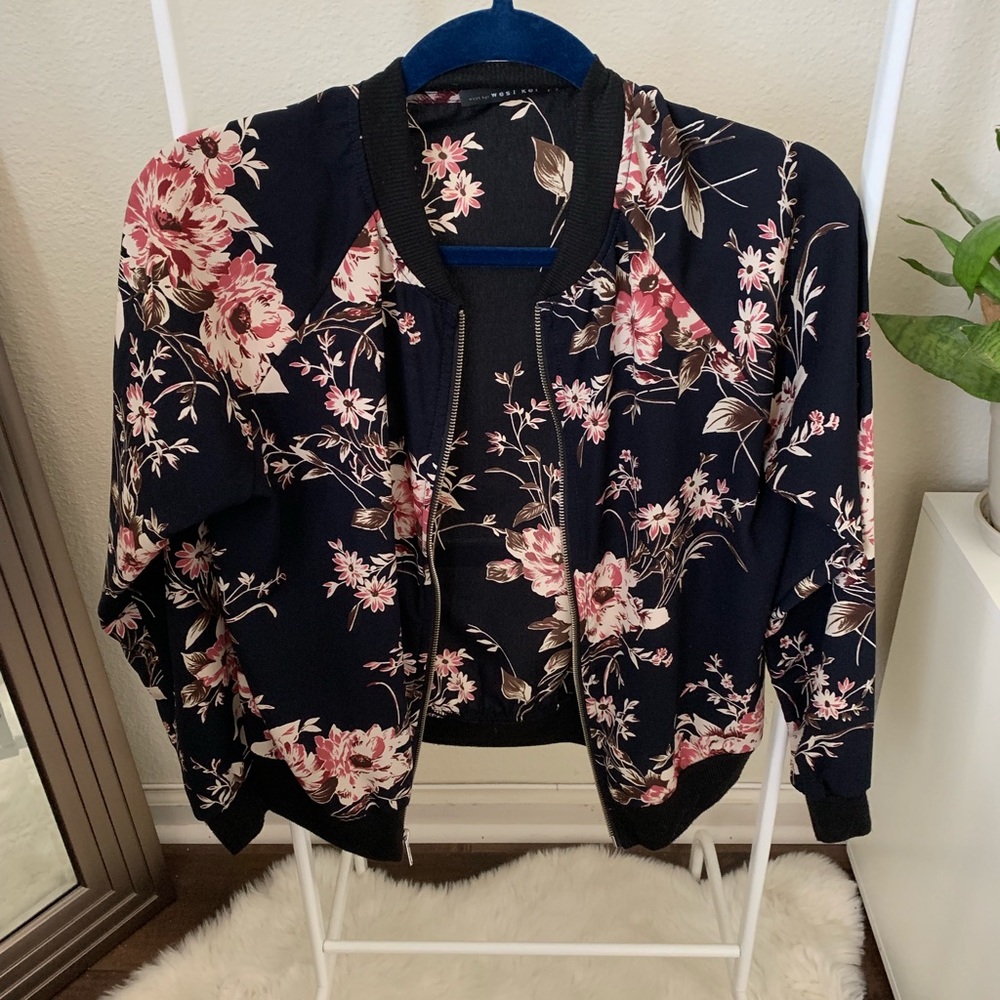 Navy floral bomber jacket